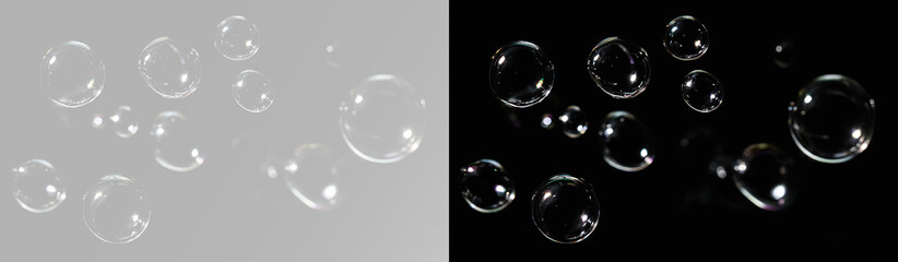 Transparent soap bubbles floating with glossy reflections and realistic sparkling air sphere effect in minimal style png