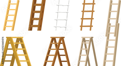 Fotografie Wooden Ladder Vector Icon Set with Extension and Stepladder Designs for Home Rep