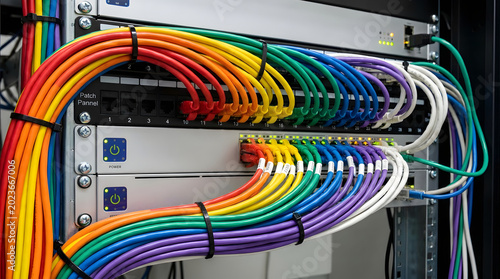 A close-up view of a server with colorful cables neatly organized and secured with cable ties