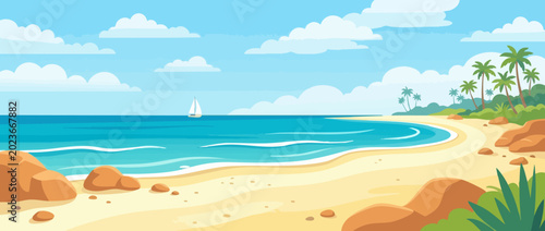 Schilderij op canvas Summer landscape background with tropical beach: horizontal vector illustration of ocean coastline, palm trees