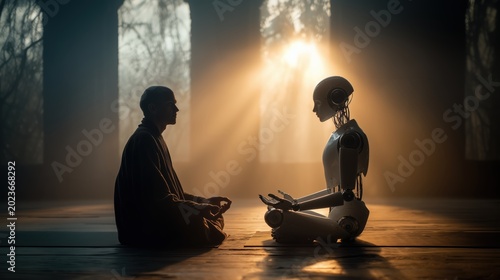 Human and Humanoid Robot Meditating Together at Sunset, Mindfulness and AI Connection