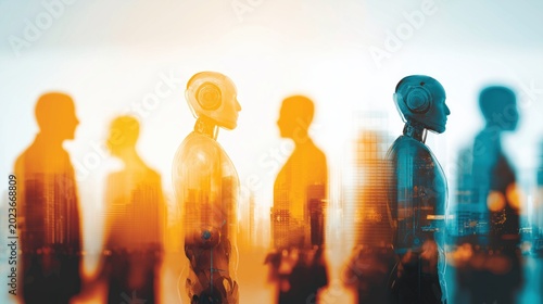 Enterprise AI transformation with humanoid robots in corporate office corridor