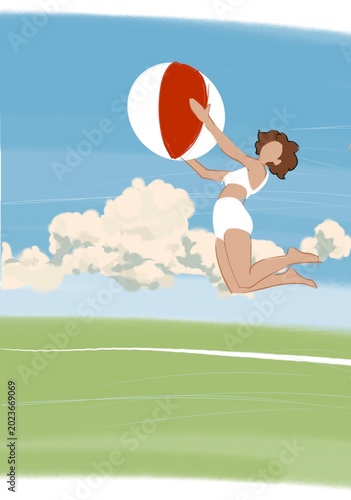 Vintage Summer Seaside Resort and Active Lifestyle Poster Set. Mid-Century Modern. Women in Retro Swimsuits. Playing Ball.