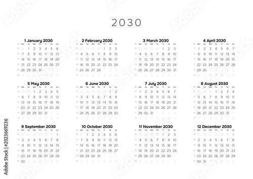 Professional 2030 Annual Calendar Template A4 Minimalist Full Year Planner for Corporate Scheduling and Project Timeline