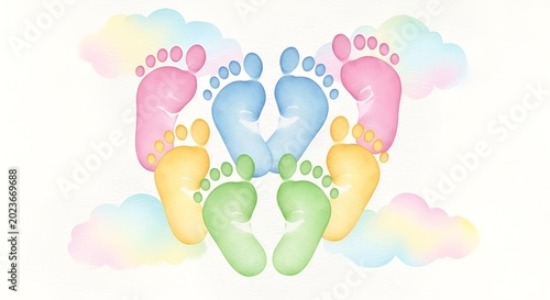 Baby Footprints Heart Shape, Newborn, Pink, Blue, Yellow, Green, Clouds