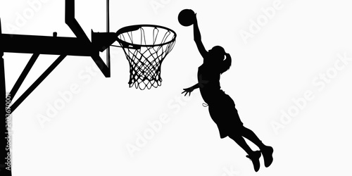 Fotografie basketball player silhouette performing a dunk against a white background