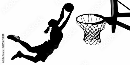 Fotografía basketball player silhouette performing a dunk against a white background