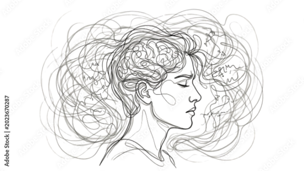 Fototapeta premium Continuous Line Brain Fog Cognitive Blur Lack of Focus Minimal Black Line Art Illustration Concept