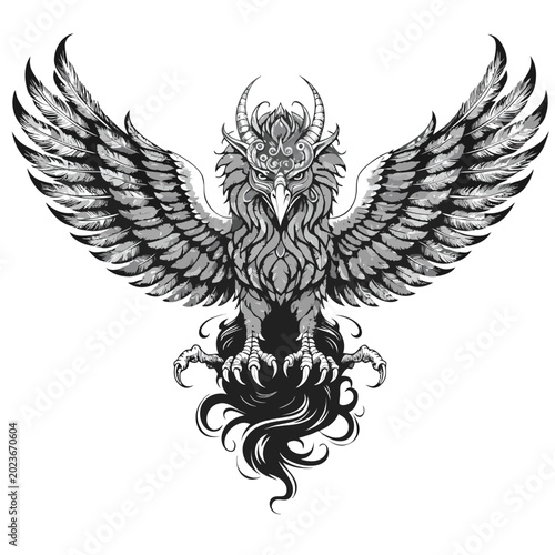 Fotografi A vintage black silhouette set featuring tribal eagle and angel wings illustrati