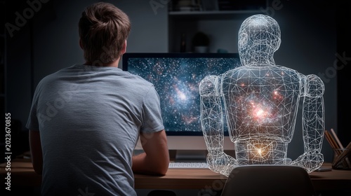 Futuristic AI companion helps user analyze data on computer with galaxy display