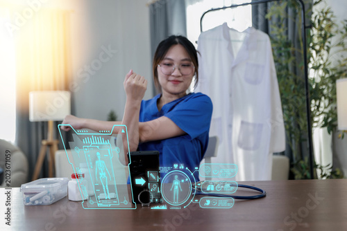 Female doctor influencer creates health and fitness content using graphic visuals followers understand and learn effectively demonstrates shoulder stretches and provides voiceover via phone.