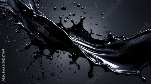 A close-up image of black oil splattering violently against a dark background. Realistic texture.