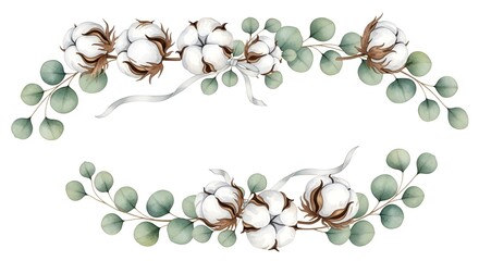 Watercolor Cotton Branch and Eucalyptus Garland Border
