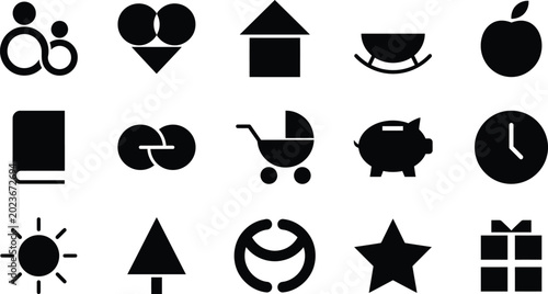 Vászonkép Black on white background, including symbols for family, home, food, technology,