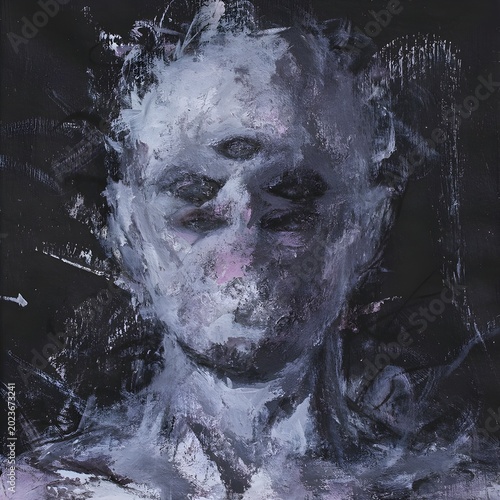 Canvas Print Abstract expressionist portrait painting featuring a distorted human face with dark monochrome tones, textured brush strokes, and emotional contemporary art style on a black background