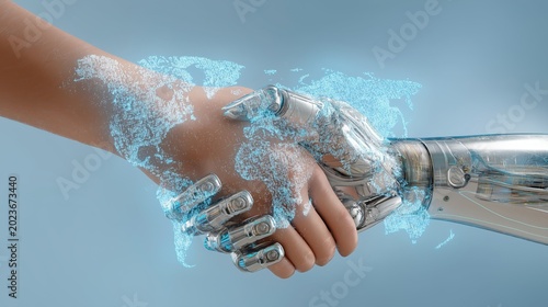 Global human and robot handshake symbolizing international AI collaboration