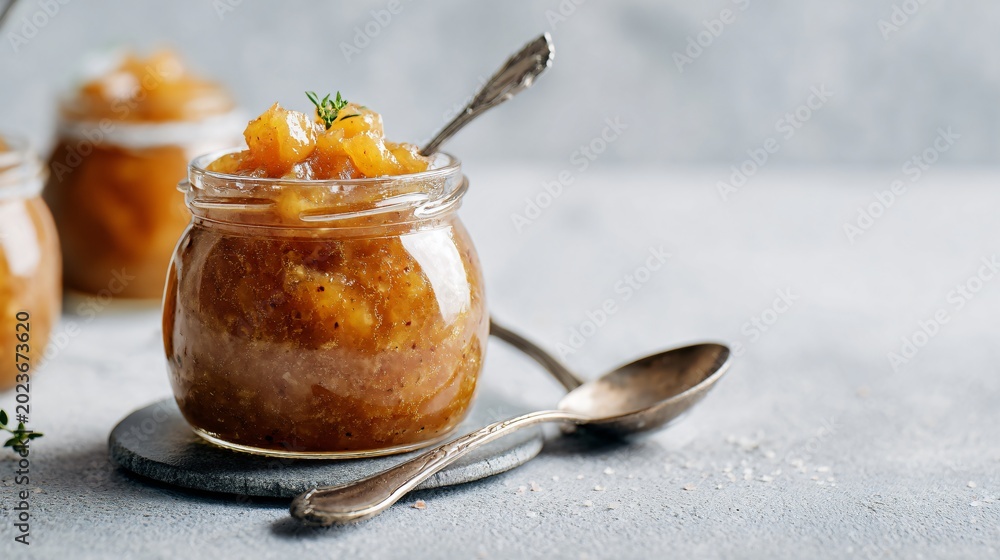 Fototapeta premium A bright modern composition with apple chutney served on a neutral background with ample copy space