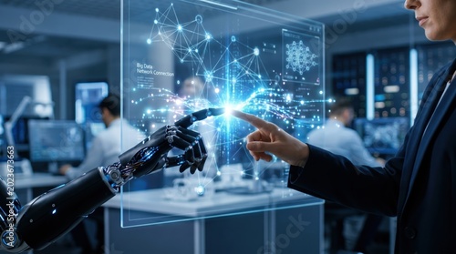 AI, Machine learning, Hands of robot and human touching on big data network connection, Data exchange, deep learning, Science and artificial intelligence technology, innovation of futuristic. 