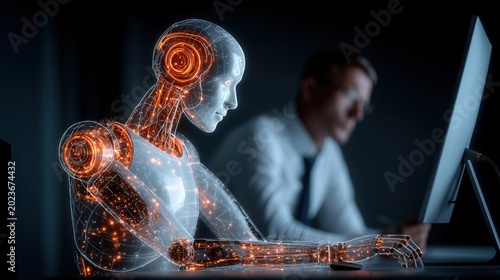 AI digital coworker assisting human at computer in futuristic office