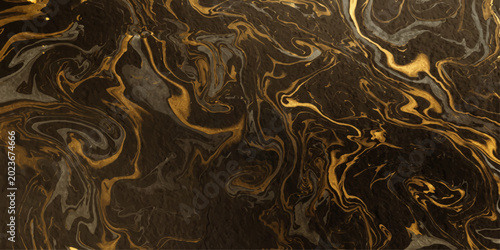 Bilde på lerret An abstract black and gold marbled background, featuring elegant swirling patterns of liquid ink, creates a luxurious and sophisticated visual texture