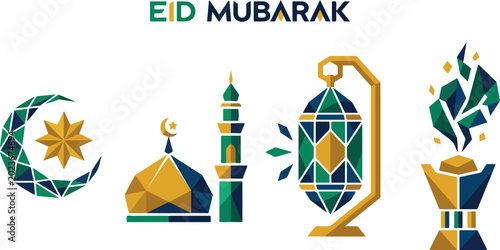 Quadro su tela Eid mubarak vector illustration of geometric mosaic moon with star and mosque minaret lantern with incense burner isolated