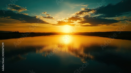 Breathtaking sunset casting golden hues across a tranquil lake with stunning reflections on the water