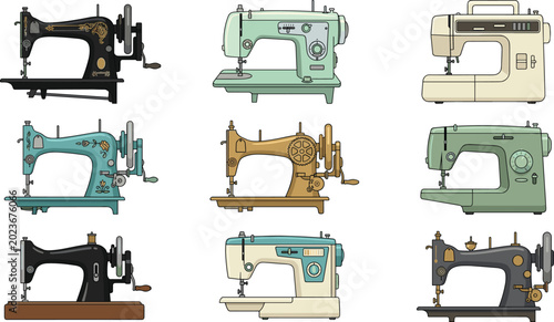 Fotografie Detailed Vintage and Modern Sewing Machine Collection in Teal Black and Gold Col
