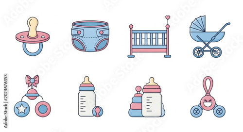Fotografie Collection of baby care items and toys.
