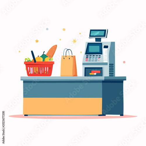 Supermarket checkout counter with groceries and cash register