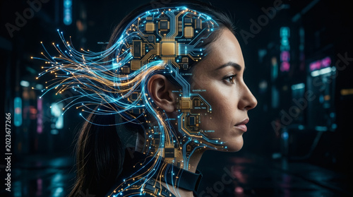A side profile of a real human face seamlessly blending into a complex, intricate network of glowing fiber optics and golden microchips, dark elegant background, cyberpunk minimalism, digital twin con