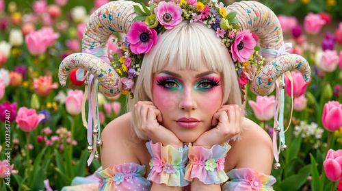 Portrait of a whimsical woman with large decorated ram horns and flower crown, vibrant colorful makeup, posing in a blooming tulip field