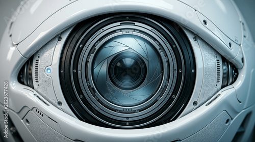 Futuristic AI robotic eye with camera lens aperture, symbolizing modern surveillance and intelligent monitoring technology