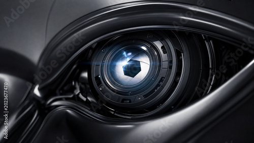 Futuristic robotic eye with intricate mechanical iris, glowing blue lens flare, and metallic details in dramatic close-up representing modern AI surveillance