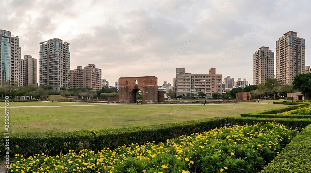 Obraz premium Panoramic view of the historic fort provintia ruins in tainan, taiwan, surrounded by modern residential highrise buildings