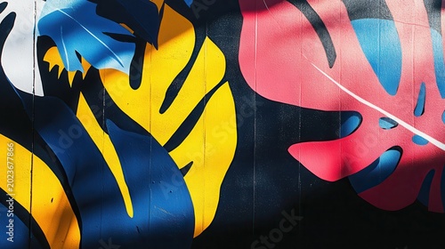 Bold Abstract Tropical Leaf Mural Painting On An Urban Wall With Vibrant Colors And Contrasting Light Shadows