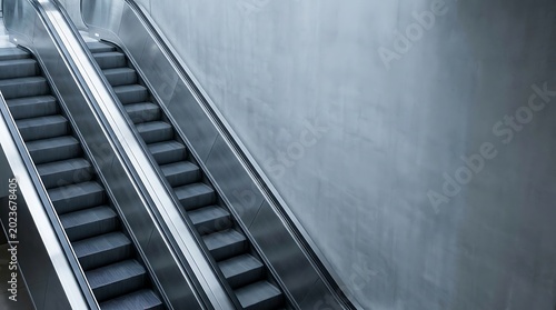 Metallic corporate escalator next to concrete wall providing negative space for advertising copy, concept of minimalist efficiency and urban transit