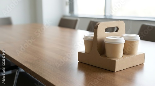 Paper coffee cup in cardboard carrier on wooden meeting table providing copy space, concept of office team culture and morning work synergy break