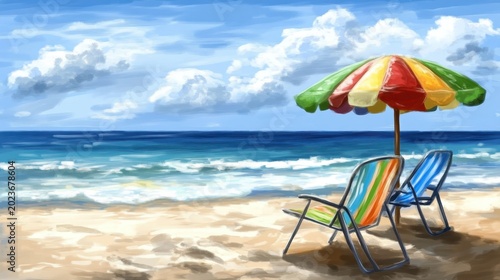 Colorful Beach Umbrella and Striped Chair Offer a Welcoming Spot for Relaxation by the Ocean on a Sunny Summer Day