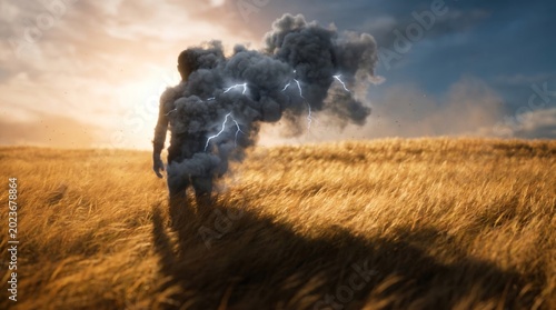 Person carrying dark storm cloud with lightning through golden field