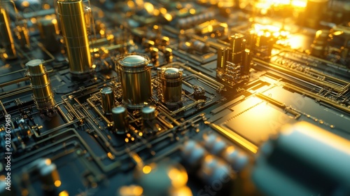 Intricate golden technological circuitry landscape with glowing details, representing futuristic innovation and connectivity