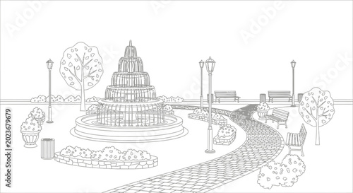 Public park line art with tiered fountain and walkway