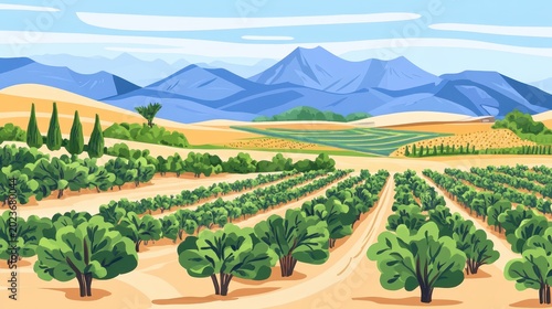 Lush farmland with neat rows of growing crops and trees against a backdrop of rolling hills and distant mountains
