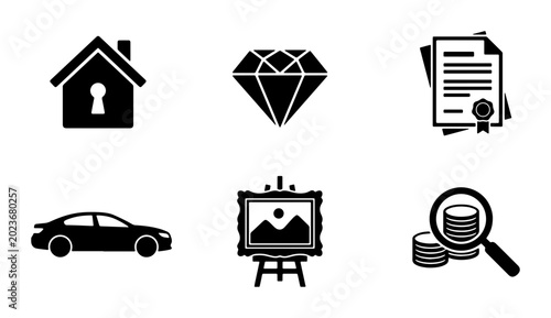 Property, Diamond, Document, Car, Art, Finance Icons Set: Black & White Vector Graphics for Business and Lifestyle Concepts