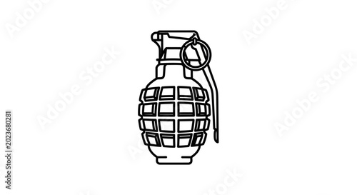 Tableau sur toile A detailed line drawing of a hand grenade with a pin and safety lever on a plain white background