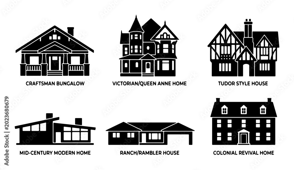Fototapeta premium Architectural Styles Vector Set: Victorian, Tudor, Craftsman, Mid-Century Modern, Ranch, Colonial Revival Homes