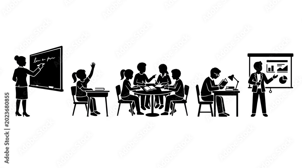 Fototapeta premium Comprehensive vector silhouette collection showcasing the diverse stages of educational and professional development, from interactive classroom learning to collaborative business meetings