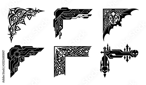 Fotografie Gothic and Cyberpunk Corner Ornaments, Ornate Decorative Borders, Vector Element