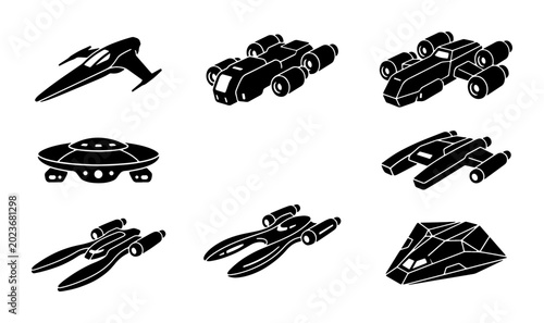 Tableau sur toile Futuristic Spaceship Icons Set: Sci-Fi Craft Vector Collection, Galactic Explora