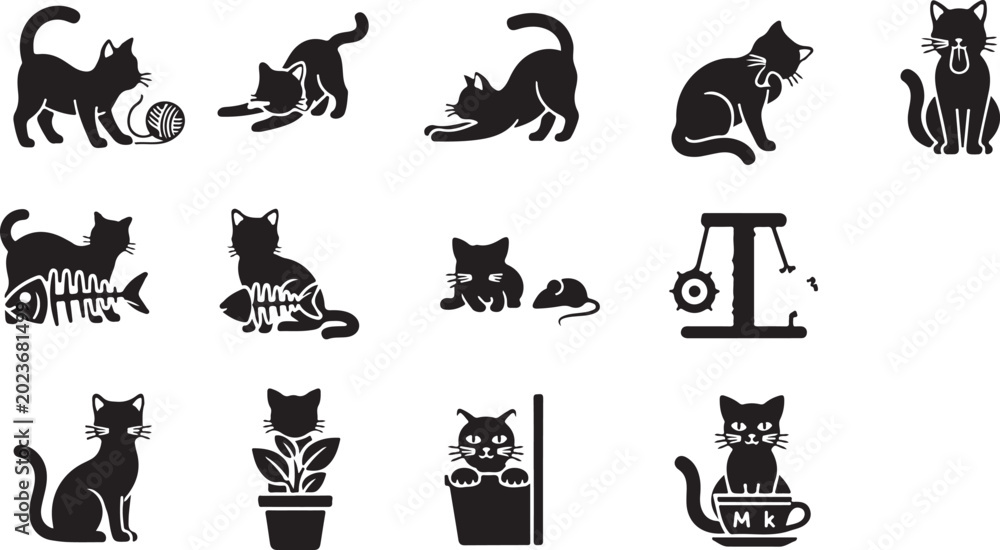 Obraz premium Black Cat Icons, Feline Silhouettes, Kitten Graphics, Pet Symbols