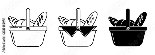 Foto Picnic basket with bread and croissants, vector icons set